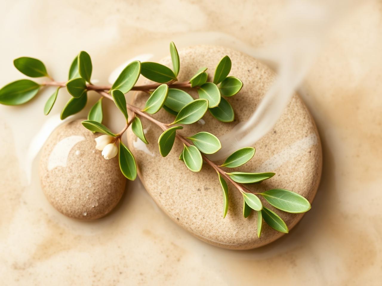 Eucalyptus on warm wet stone with rising steam