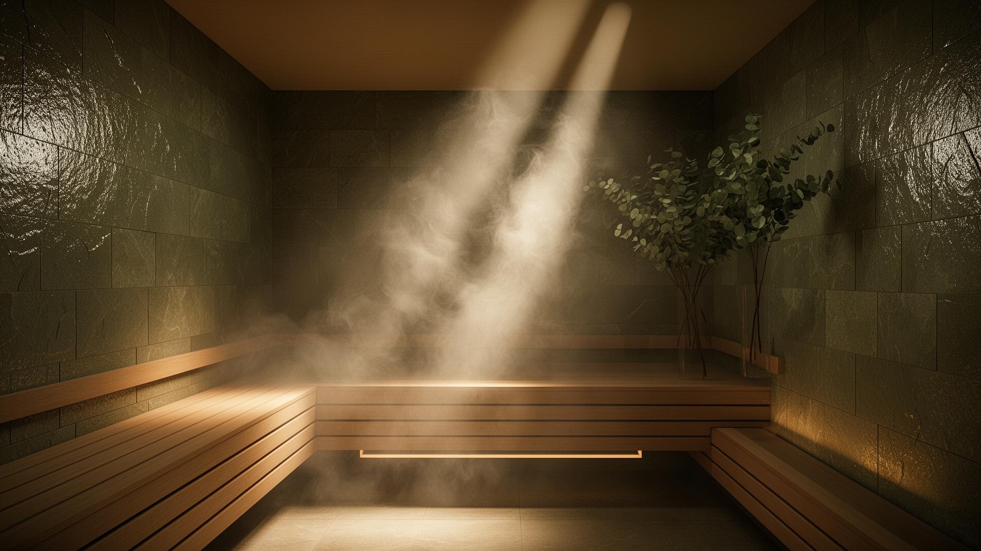 Atmospheric interior of a luxurious steam sauna with rolling steam and warm light
