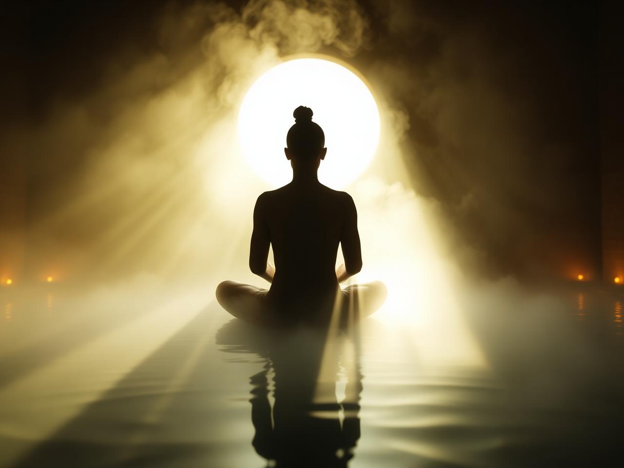Silhouette of a person sitting peacefully in a misty steam room