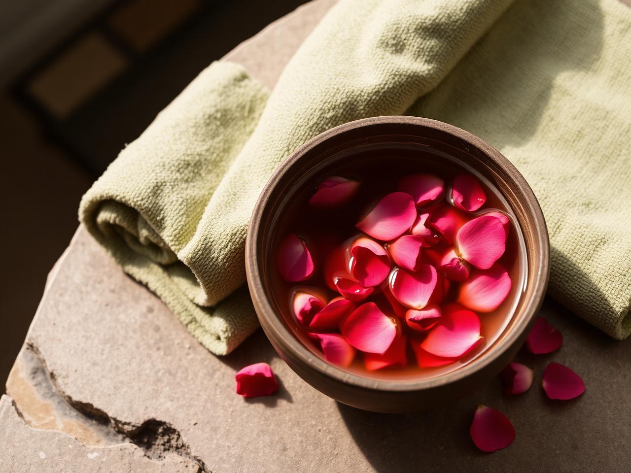 Sage towel and bowl with rose petals on stone